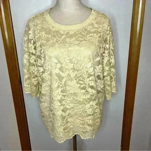 Dolan Crocheted Lace Overlay‎ Floral Short Sleeve Blouse Women XL Cream Casual